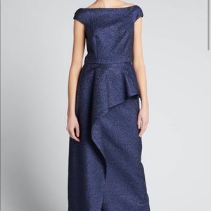 Teri Jon Jacquard Side Drape Overlay Gown - Navy Mother of the Bride Gown